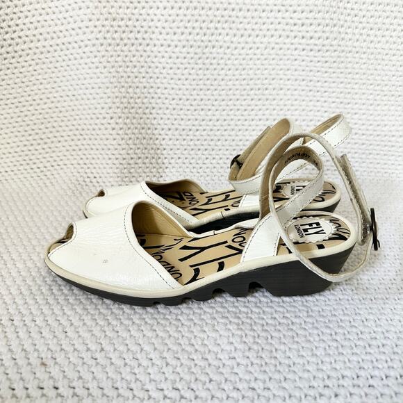 Fly London White Patent Upper Popa Wrap Ankle Peep Toe Low Wedge Sandals 41 - Picture 5 of 9